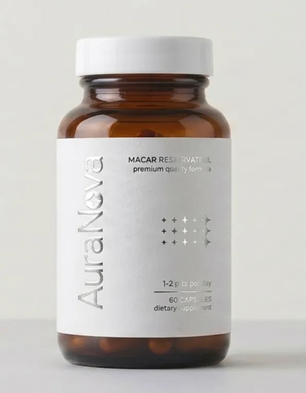 Product photo. The label on the bottle reads MACAR RESVERATROL, not Cardio Balance.